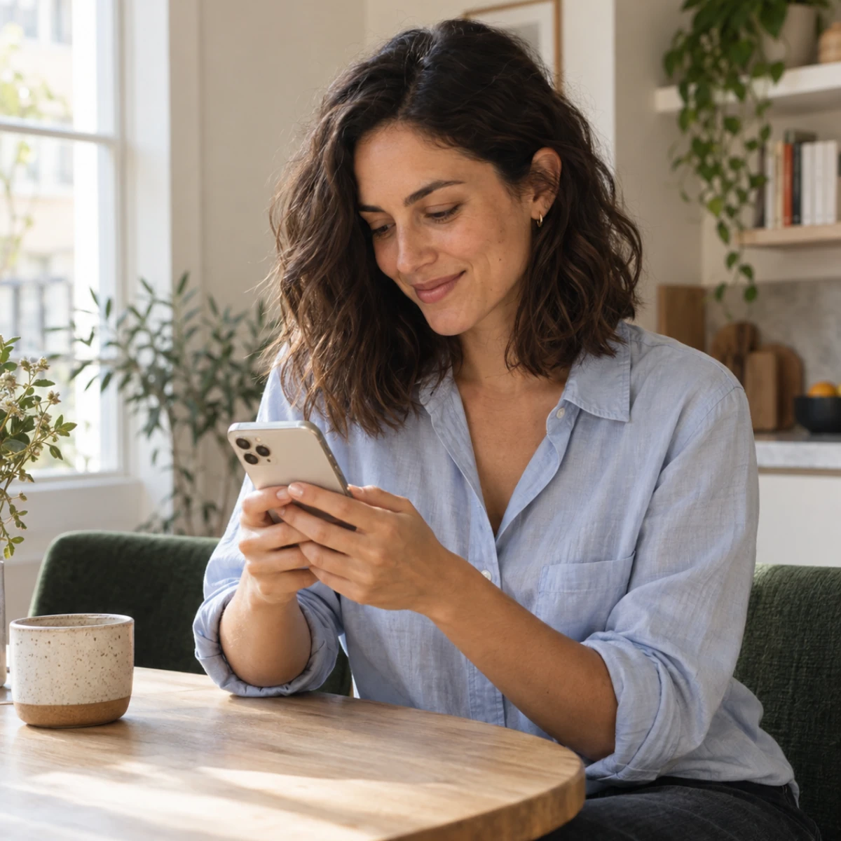 A shopper smiling at her phone at a kitchen table